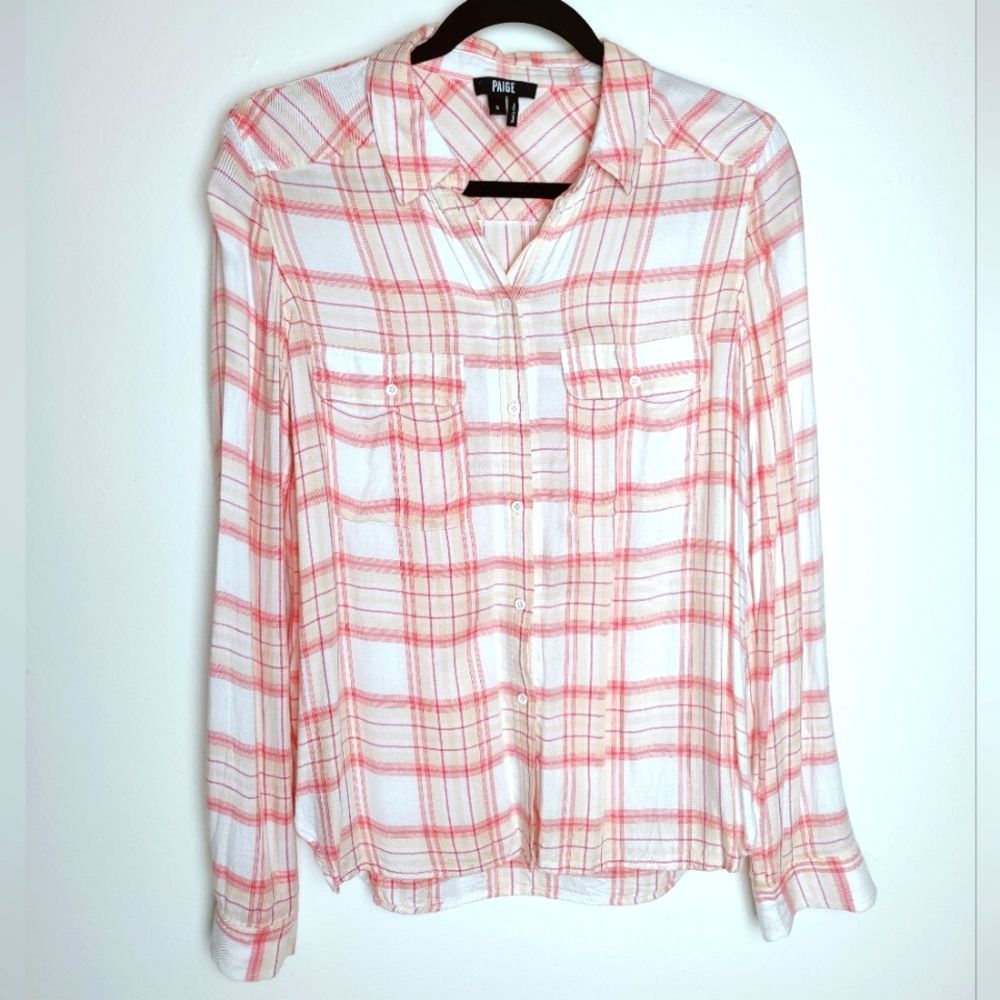Paige Women's Peach/White Plaid Button Down Shirt, Size S